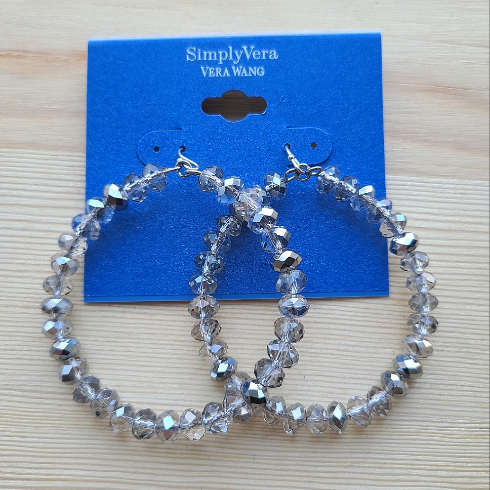 Hp Nwt Simplyvera Vera Wang Silver Clear Beaded Hoop Earrings 10$